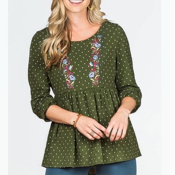 Matilda Jane Green Pin Dot Through Generations Bubble Sleeve Jersey Knit Blouse - Picture 1 of 8